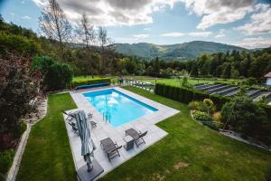 an aerial view of a backyard with a swimming pool at Dom Beskidy in Brenna