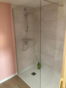 a shower with a glass door in a bathroom at Grande chambre indépendante in Bruz