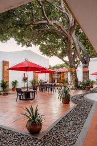 a patio with tables and chairs and a large tree at Hotel La Casona Del Valle in Valledupar +41 photos