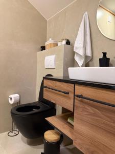 a bathroom with a black toilet and a sink at Amfora Novi Sad in Pasuljište +25 photos