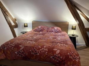 a bed with a red comforter and two lamps at Rustique Chic proche centre-ville in Clermont