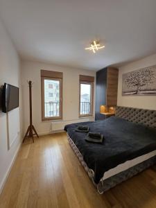 a bedroom with a large bed and a flat screen tv at Apartman Raj VV sa garazom Vrnjačka Banja in Vrnjci
