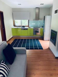 a kitchen with green cabinets and a couch in a room at Villas do monte in Guimarães