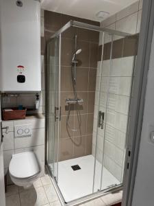 a shower stall in a bathroom with a toilet at Le Foirail in Nasbinals