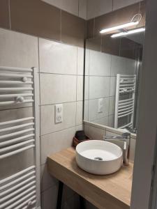 a bathroom with a white sink and a mirror at Le Foirail in Nasbinals