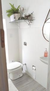 a white bathroom with a toilet and a shelf with plants at Casa das Plantas in Piraju