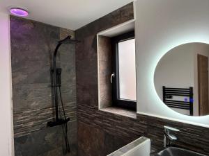 a bathroom with a shower and a sink and a mirror at Studio avec spa vue Moselle in Dinozé +24 photos