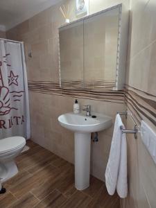 a bathroom with a sink and a toilet and a mirror at La Perlita in Las Eras +35 photos