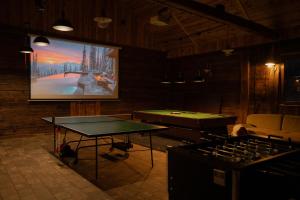 a room with ping pong tables and a large screen at Mościce Dolne 69 in Nowosiółki