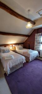 a bedroom with two beds and a purple carpet at Whitewells Farm Cottages - 7 exceptionally well appointed pet friendly barn conversions set in 10 acres of gardens, fields and woodland suitable from 2 to 24 people with breathtaking views towards the Malvern Hills, Herefordshire and Worcestershire in Mathon