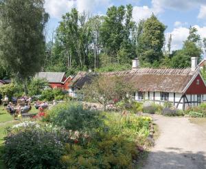 a garden in front of a house with people at Alunbruket B & B in Brösarp