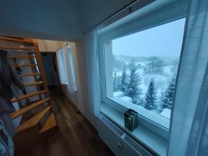a window with a view of a snow covered yard at Apartmán Timea v Terchovej in Terchová