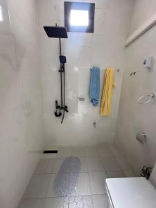 a white bathroom with a shower and a light at Résidence NDAR in Saint-Louis +70 photos