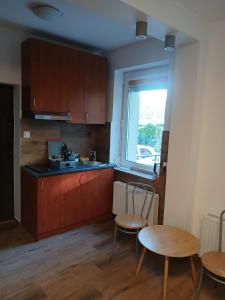 a kitchen with wooden cabinets and a table and chairs at Biedronka- samodzielny apartament dla 3 osób z miejscem parkingowym in Sopot