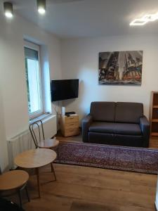 a living room with a couch and a tv at Biedronka- samodzielny apartament dla 3 osób z miejscem parkingowym in Sopot