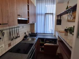 a small kitchen with a sink and a stove at Lovran centar, apartman Gega in Lovran +11 photos