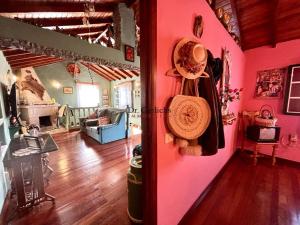 a room with a pink wall with a hat on the wall at Tropical Paradice Villa in Icod de los Vinos