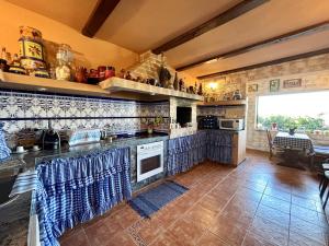 a kitchen with blue and white tiles on the walls at Tropical Paradice Villa in Icod de los Vinos