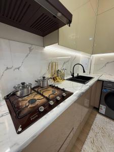 a kitchen with a stove with pots and pans on it at Silk Road Retreat City Center in Bukhara +6 photos