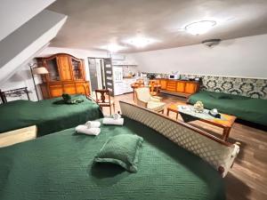 a bedroom with two beds and a living room at Ubytování U Synagogy Dobříš in Dobříš