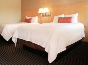 two beds in a hotel room with white sheets and red pillows at Regency Inn in Vallejo