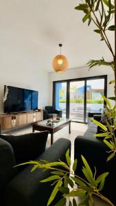 a living room with two couches and a tv at Ayla Oasis Luxury Chalets - Azure & Golf in Aqaba
