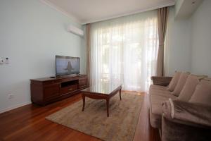 a living room with a couch and a table and a tv at Apartman A4 - Dvorac Belimarkovic in Vrnjačka Banja