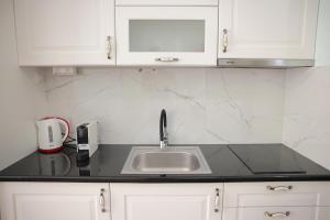 a kitchen counter with a sink and white cabinets at Apartman A4 - Dvorac Belimarkovic in Vrnjačka Banja