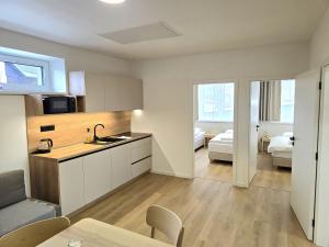 a kitchen and living room with a couch and a table at Apartmány ALMA Šumiac in Šumiac