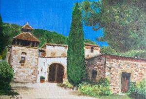 a painting of a building with a tree next to it at Truffières de Boitresor in Labarthe-Bleys