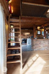 a room with a ladder in a kitchen with a counter at Petit chalet l Authentique Annecy in Dingy-Saint-Clair