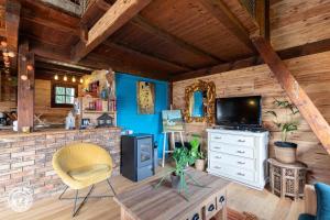 a living room with blue walls and a tv and a chair at Petit chalet l Authentique Annecy in Dingy-Saint-Clair