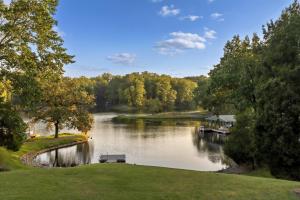 a bench sitting on the bank of a river at Classic Lakeside Vacation Sleeps 9 in Marion