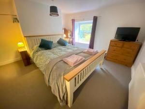 a bedroom with a bed with a television and a window at Carmel Cottage - Forest of Dean in Lydbrook
