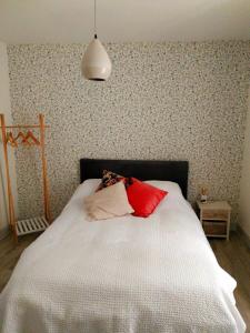 a bedroom with a white bed with pillows on it at Maisonette Syl' -vie in Cognac