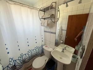 a bathroom with a white toilet and a sink at Cabañas Sra Mery in Quilimarí +12 photos