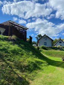 a house on top of a grassy hill at Rodzinna Przystań in Lubawka
