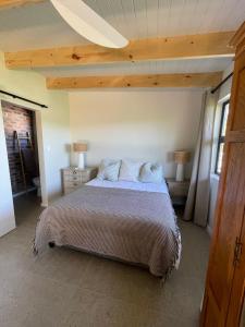 a bedroom with a large bed with blue pillows at SeaGarden Cottage in Cape St Francis