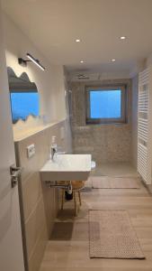 a bathroom with a sink and a shower with a window at Hof Busen Malibu in Mönchengladbach +23 photos