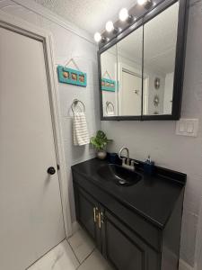 a bathroom with a black sink and a mirror at Relaxing 1BR Apartment in Ormond Beach Large Patio in Ormond Beach +44 photos