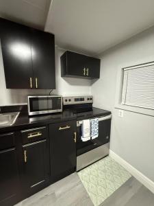 a kitchen with black cabinets and a microwave at Relaxing 1BR Apartment in Ormond Beach Large Patio in Ormond Beach