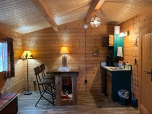 a room with a stove in a wooden cabin at Fancy Fireflies Cabin in Hayward
