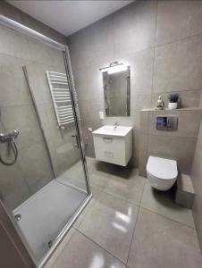 a bathroom with a shower and a toilet and a sink at Bee happy apartament Kępno in Kępno