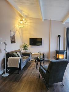 a living room with a couch and a fireplace at B&B het Zandoogje in Hollandscheveld