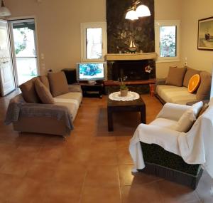 a living room with couches and a tv and a fireplace at Villa Freedom - Koutsoubri Beach Evia in Agriovótanon
