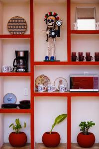 a red shelf with two plants on it at C 33 Hospedaje Valladolid in Valladolid