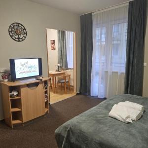 a hotel room with a bed and a television at Karos Kristály Apartman in Zalakaros +23 photos