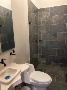 a bathroom with a toilet and a sink and a shower at Hotel Kyros by 70 in Medellín