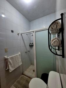 a bathroom with a shower and a toilet in it at Downtown Suite Wifi in Morelia