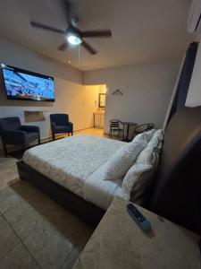 a bedroom with a bed and a flat screen tv at Habitación Roble, cómoda y espaciosa in Saltillo